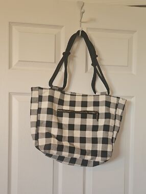 Black & White Gingham Tote Bag with Front Zip Pocket